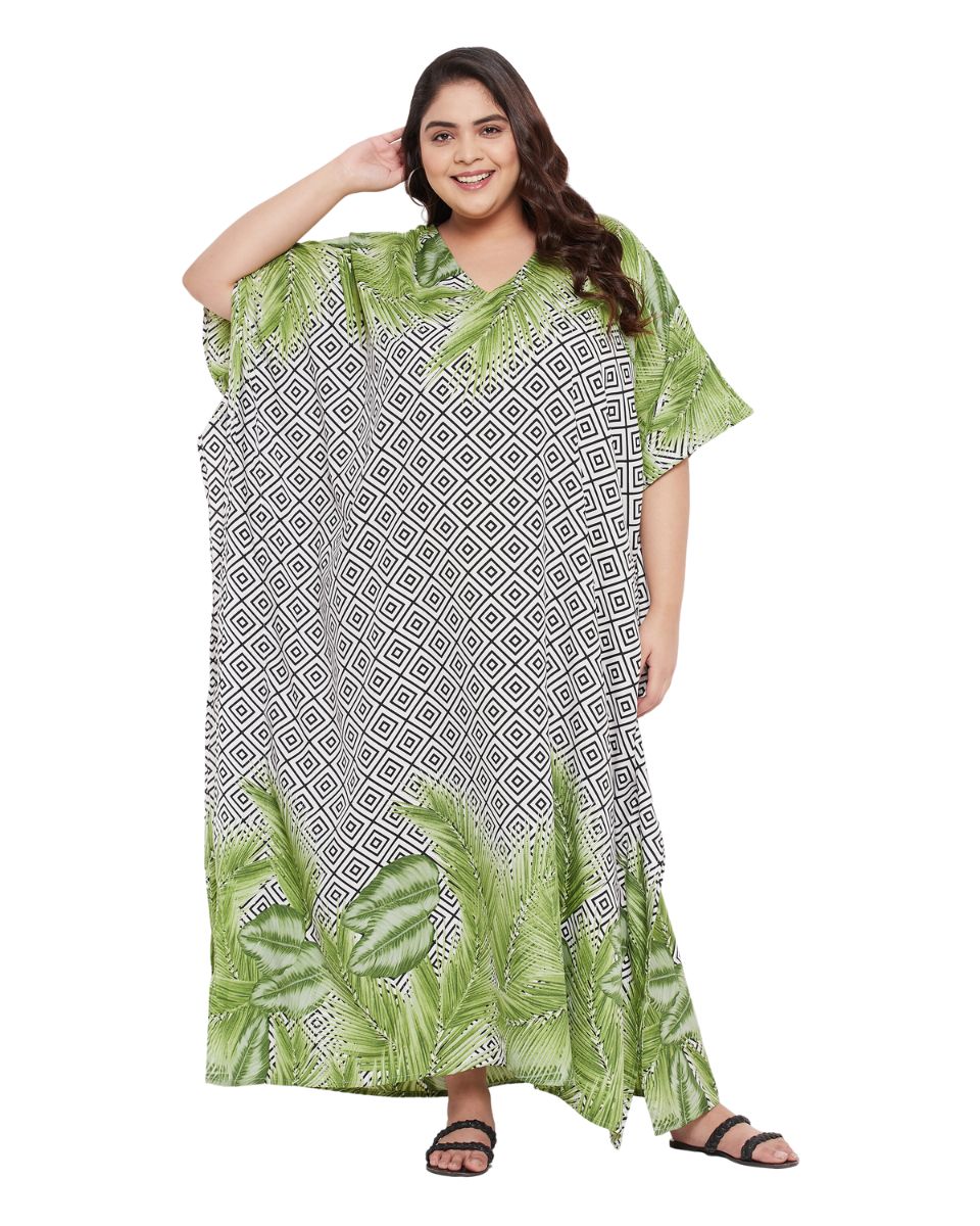 Leaf Printed  Plus Size Green Polyester Kaftan Dress For Women