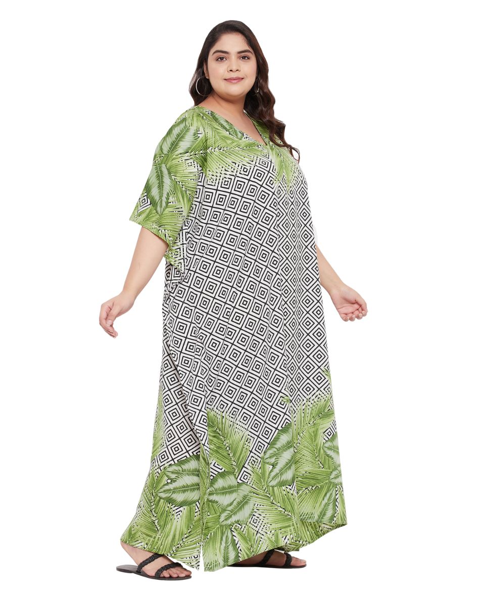 Leaf Printed  Plus Size Green Polyester Kaftan Dress For Women