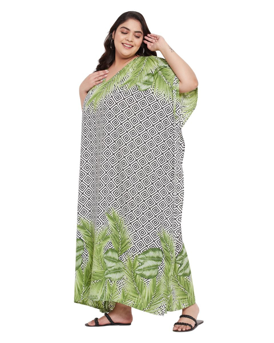 Leaf Printed  Plus Size Green Polyester Kaftan Dress For Women