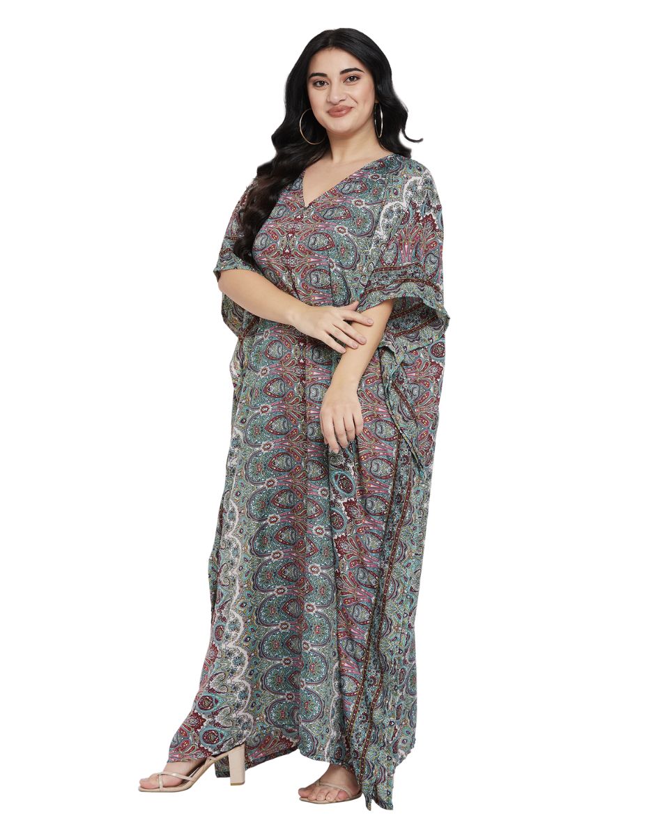 Paisley Printed Black Polyester Plus Size Kaftan Dress For Women