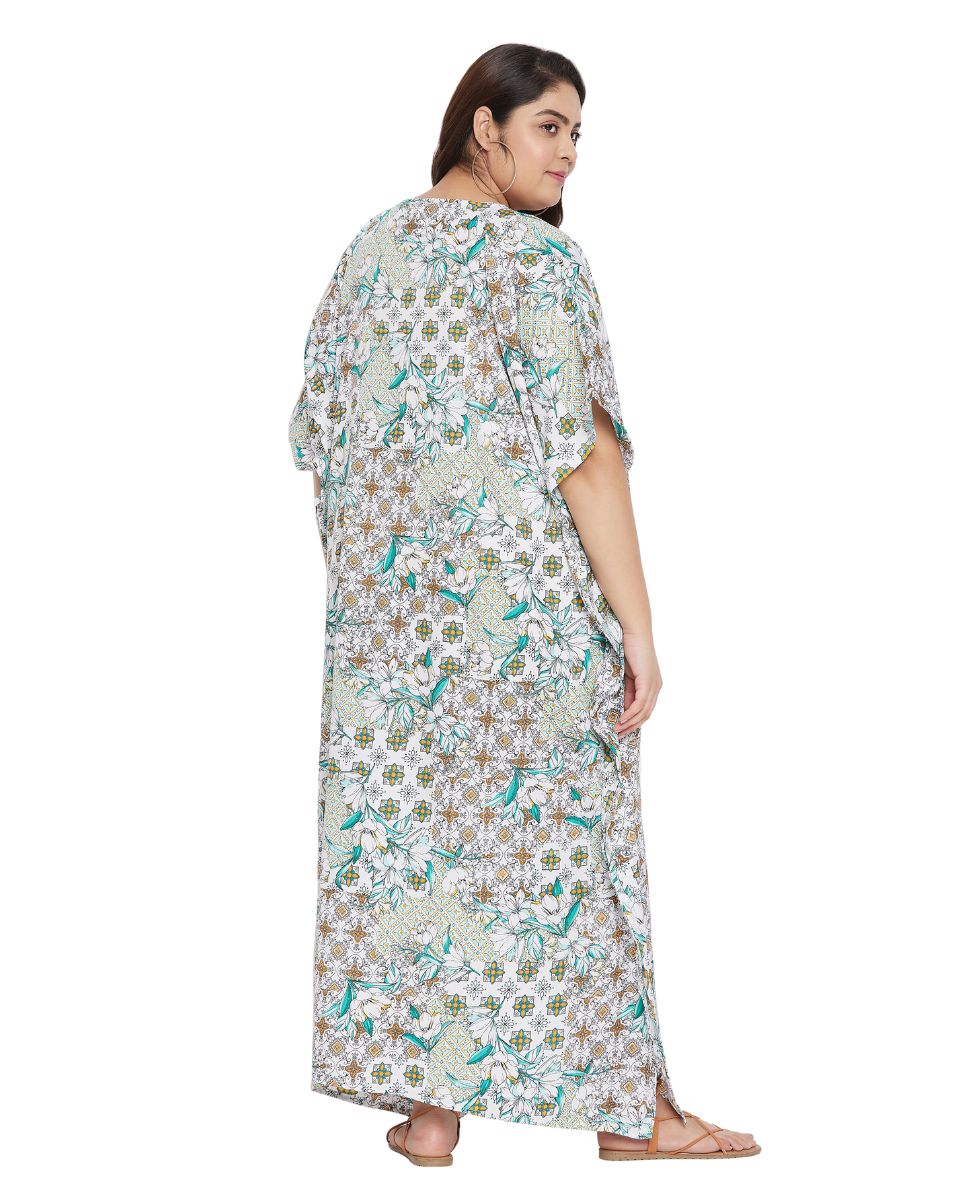 Floral Printed White Polyester Plus Size Kaftan Dress For Women