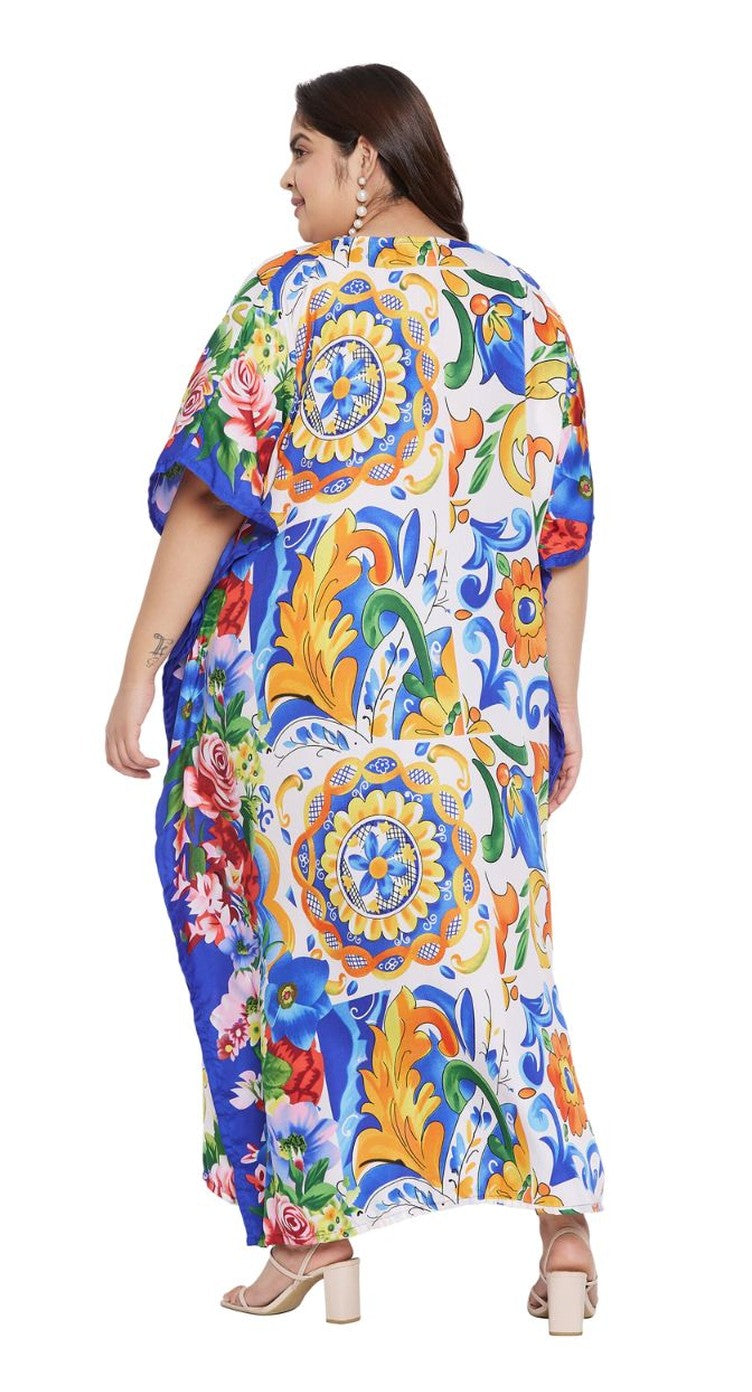 White plus size kaftan with multicolor floral medallion print and blue border — alternate view