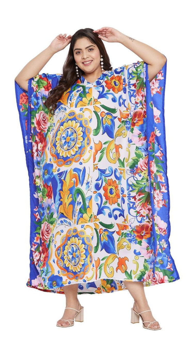 White plus size kaftan with multicolor floral medallion print and blue border