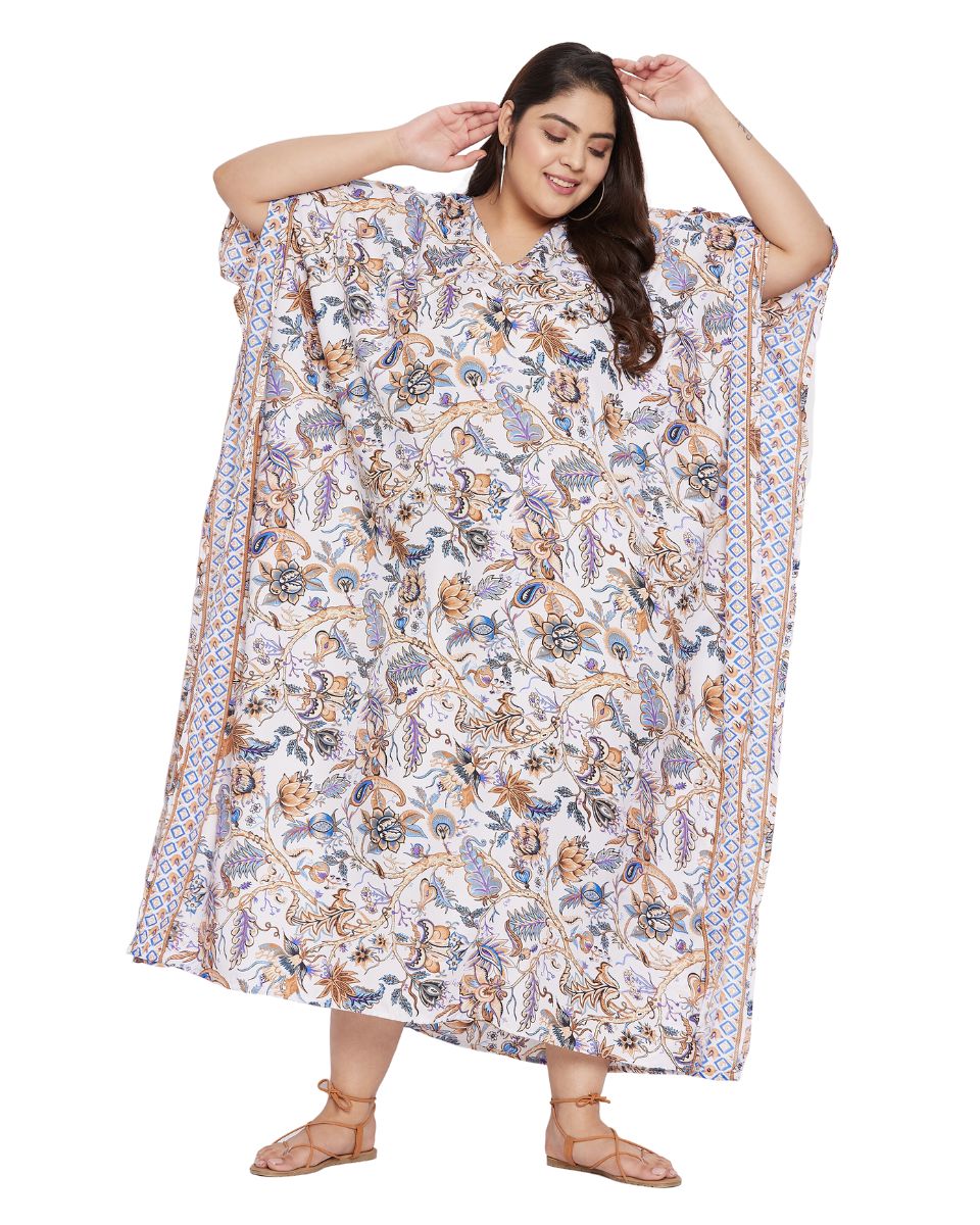 Floral Printed White Polyester Plus Size Kaftan Dress For Women