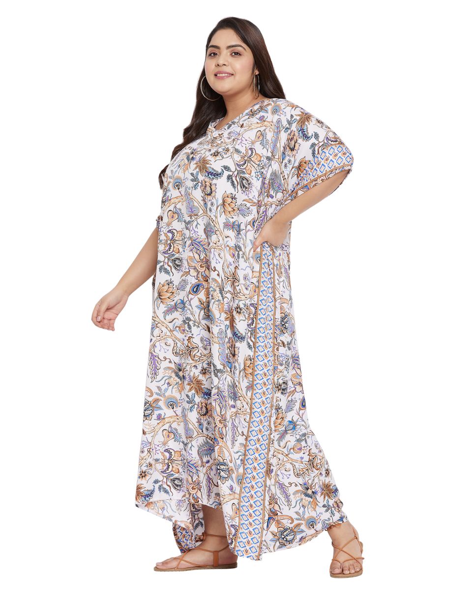 Floral Printed White Polyester Kaftan Dress for Women