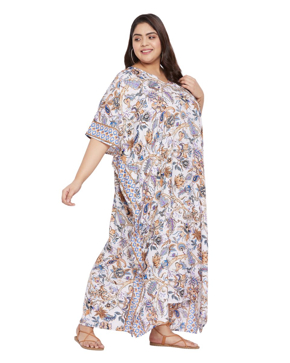 Floral Printed White Polyester Kaftan Dress for Women