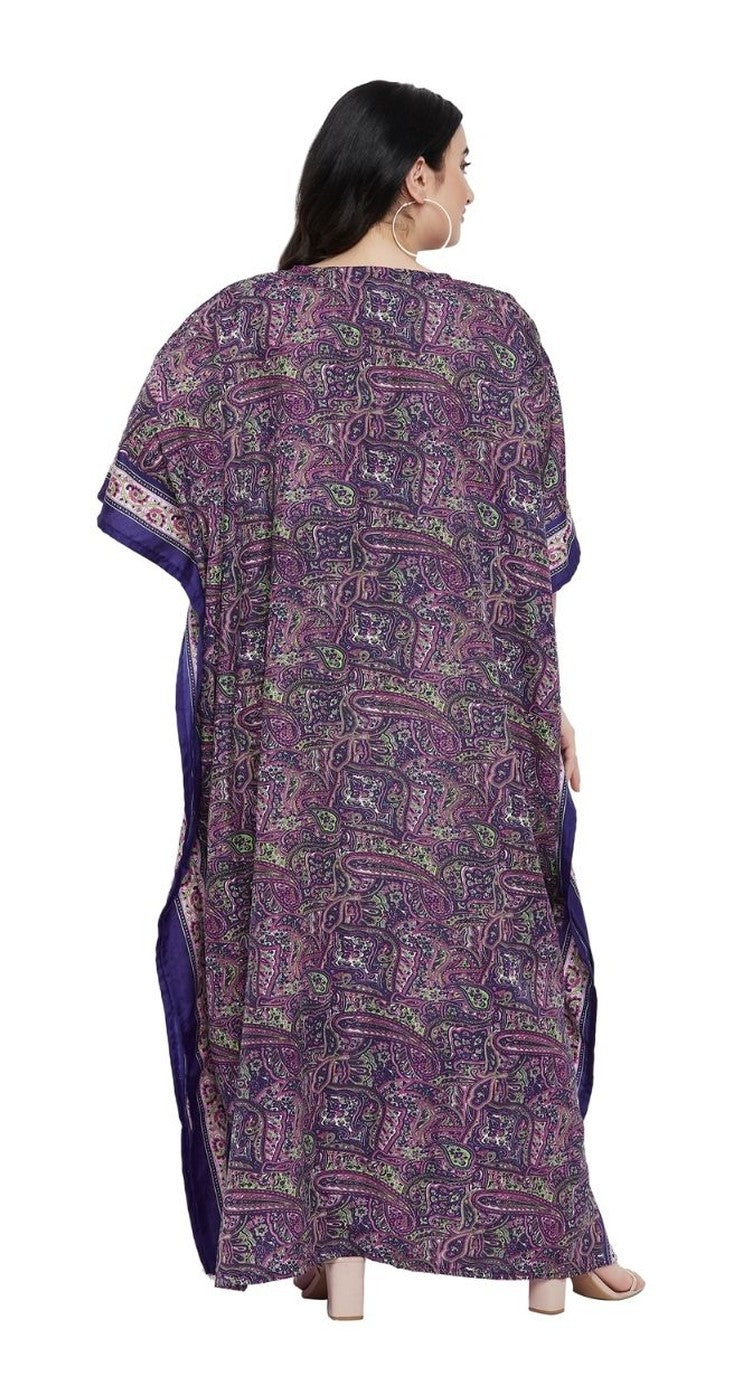Navy and purple paisley print polyester plus size kaftan with V-neck and contrast trim — alternate view