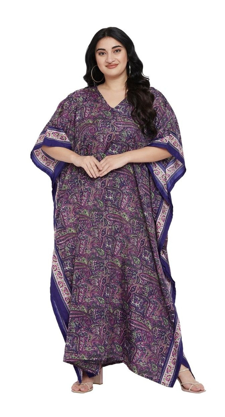 Navy and purple paisley print polyester plus size kaftan with V-neck and contrast trim