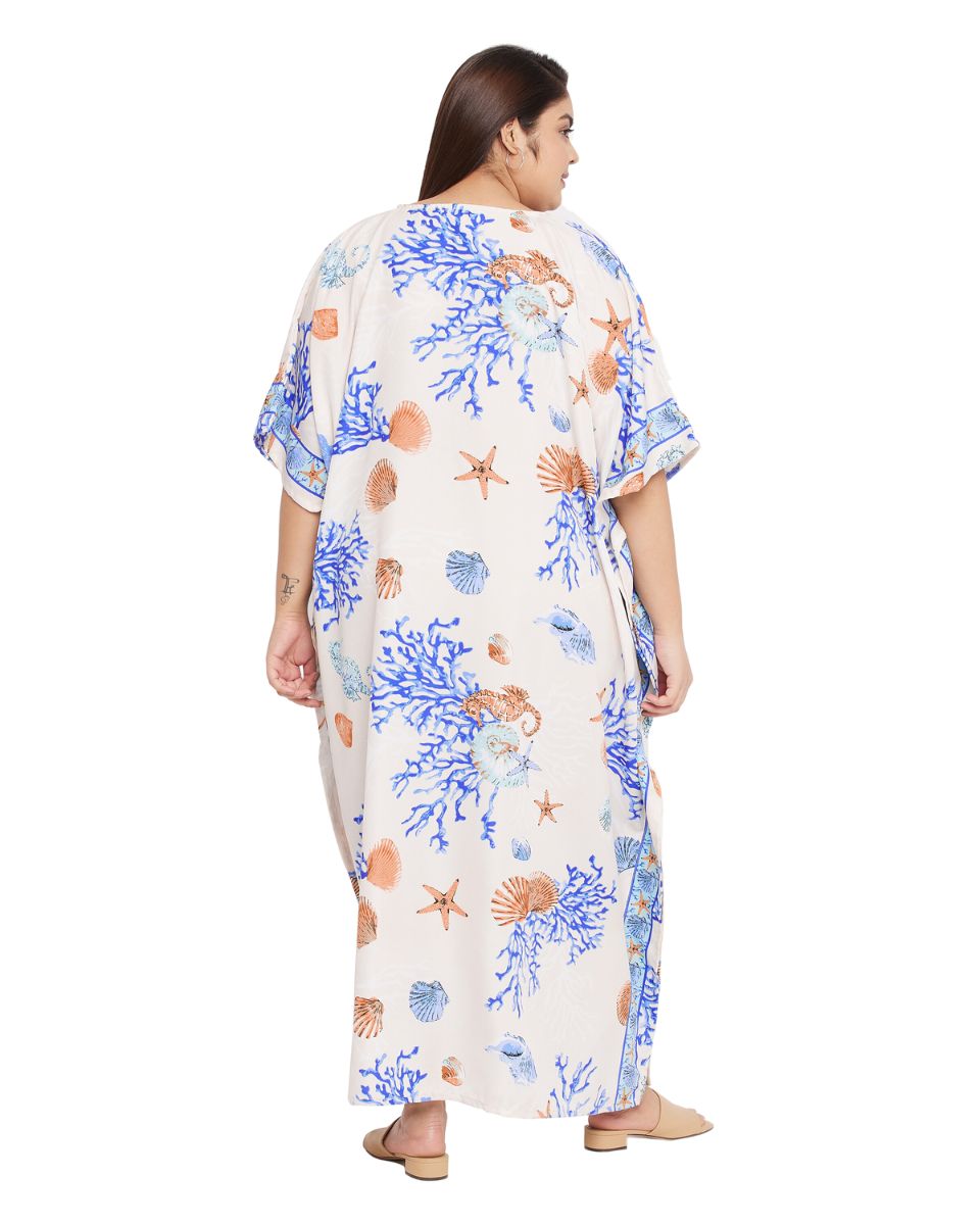 Sea Shell Printed White Polyester Plus Size Kaftan Dress For Women