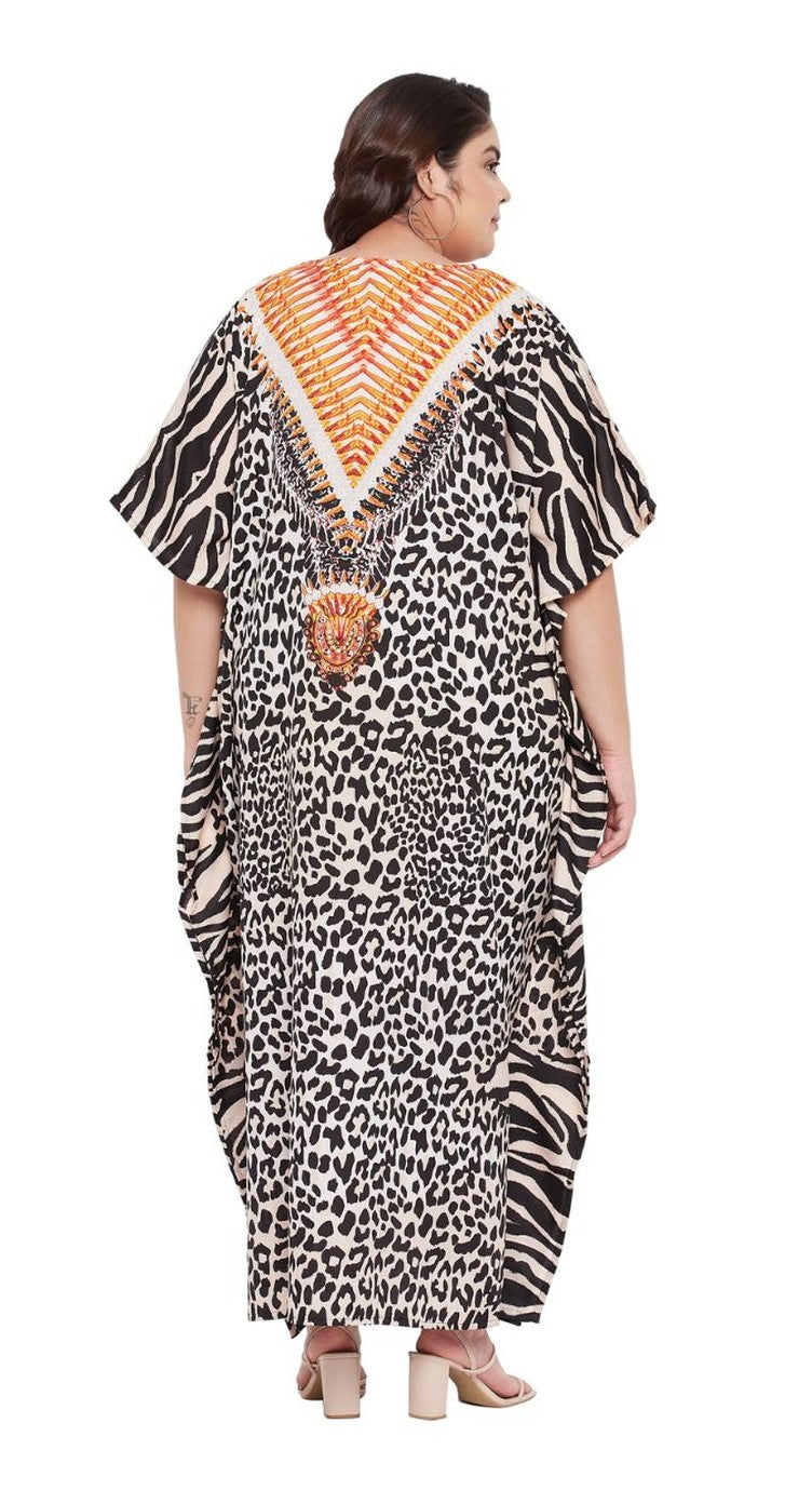 Leopard and zebra colorblock plus size kaftan with gold embellished V-neckline — alternate view