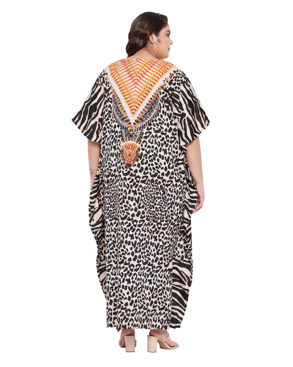 Animal Printed Black & beige Polyester Kaftan Dress for Women