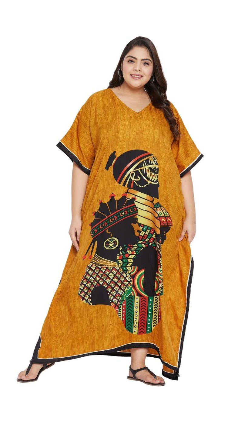 Mustard plus size kaftan with African woman figure print and black trim