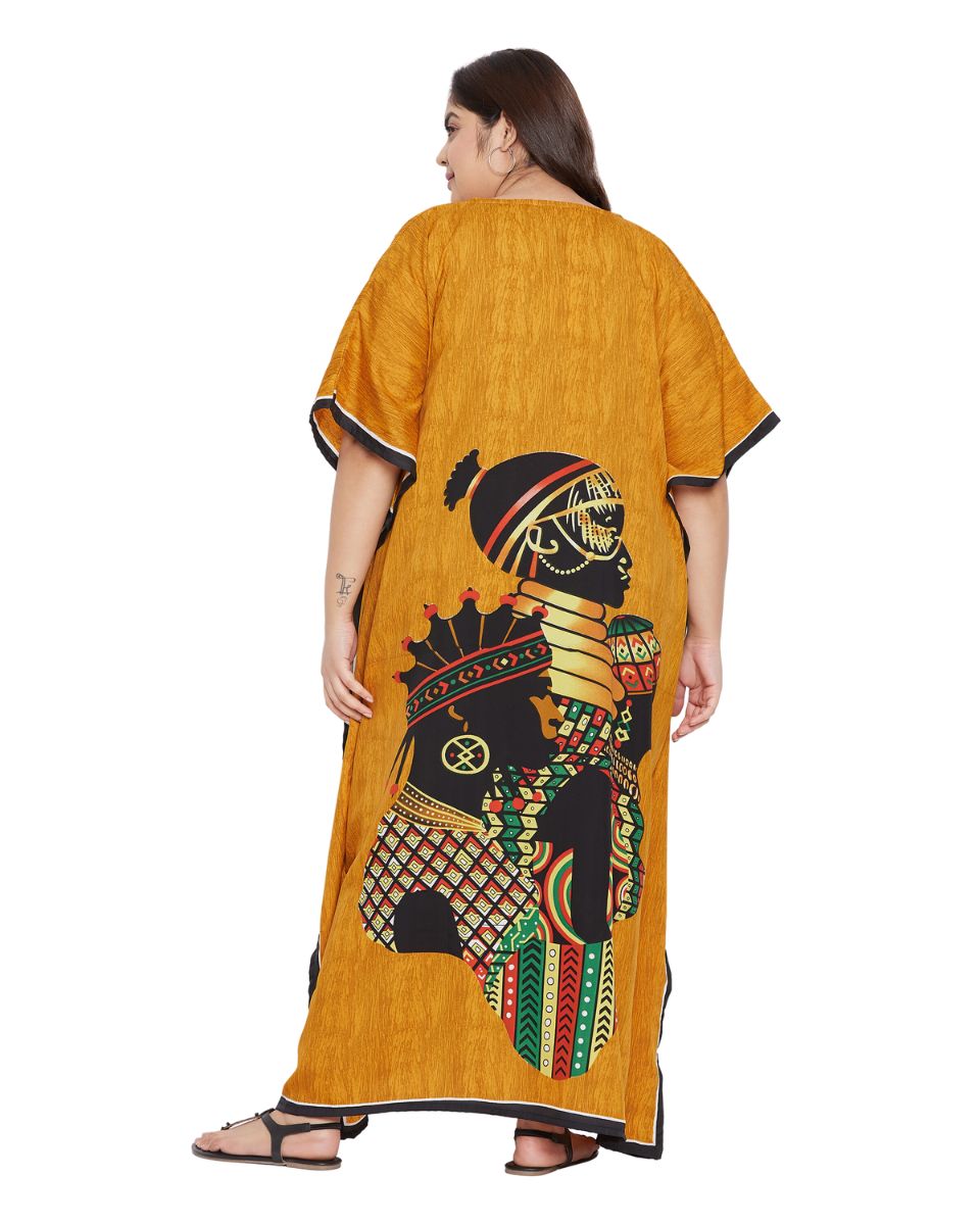 Tribal Printed Yellow Polyester Kaftan Dress for Women