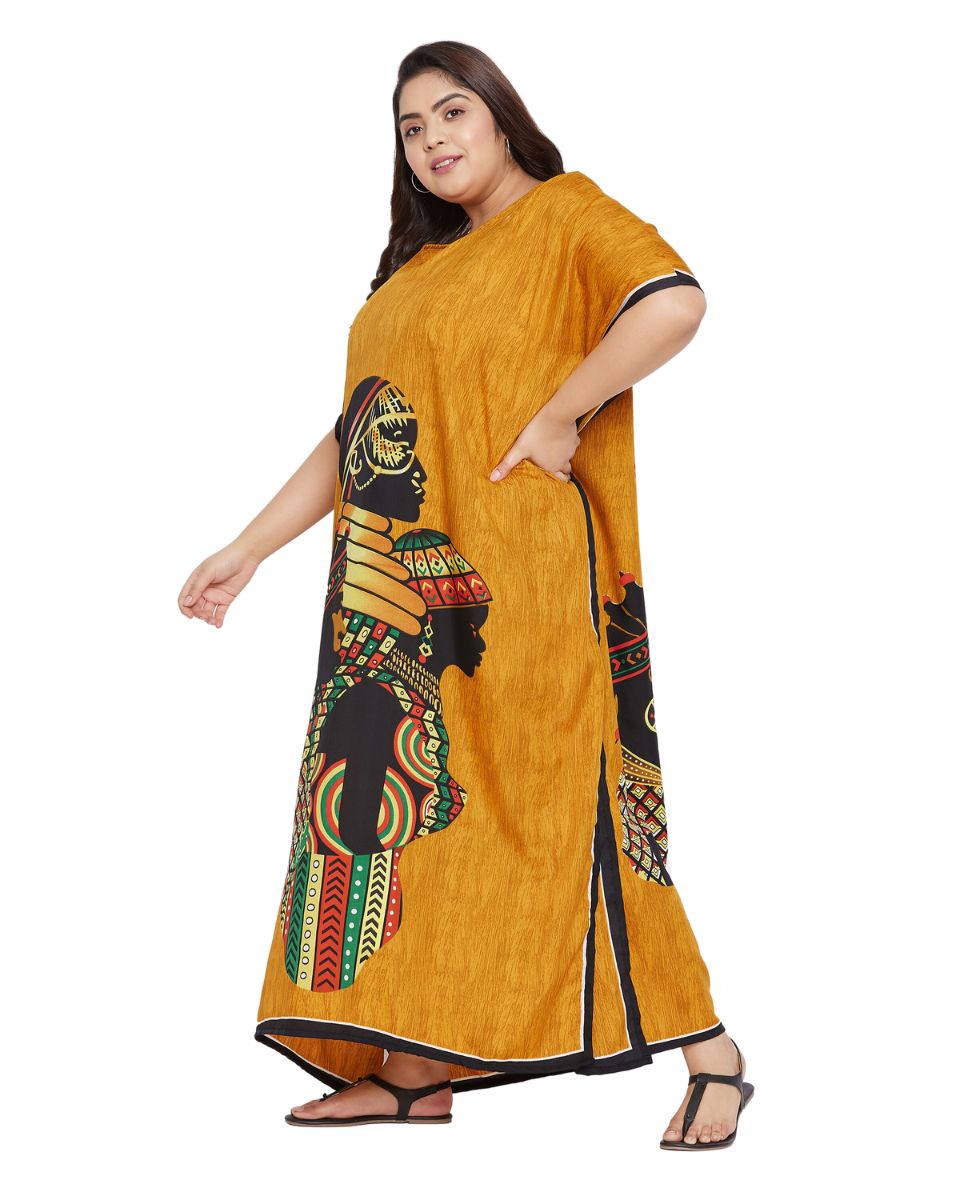 Tribal Printed Yellow Polyester Kaftan Dress for Women