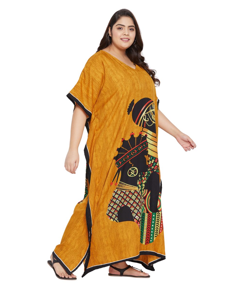 Tribal Printed Yellow Polyester Kaftan Dress for Women