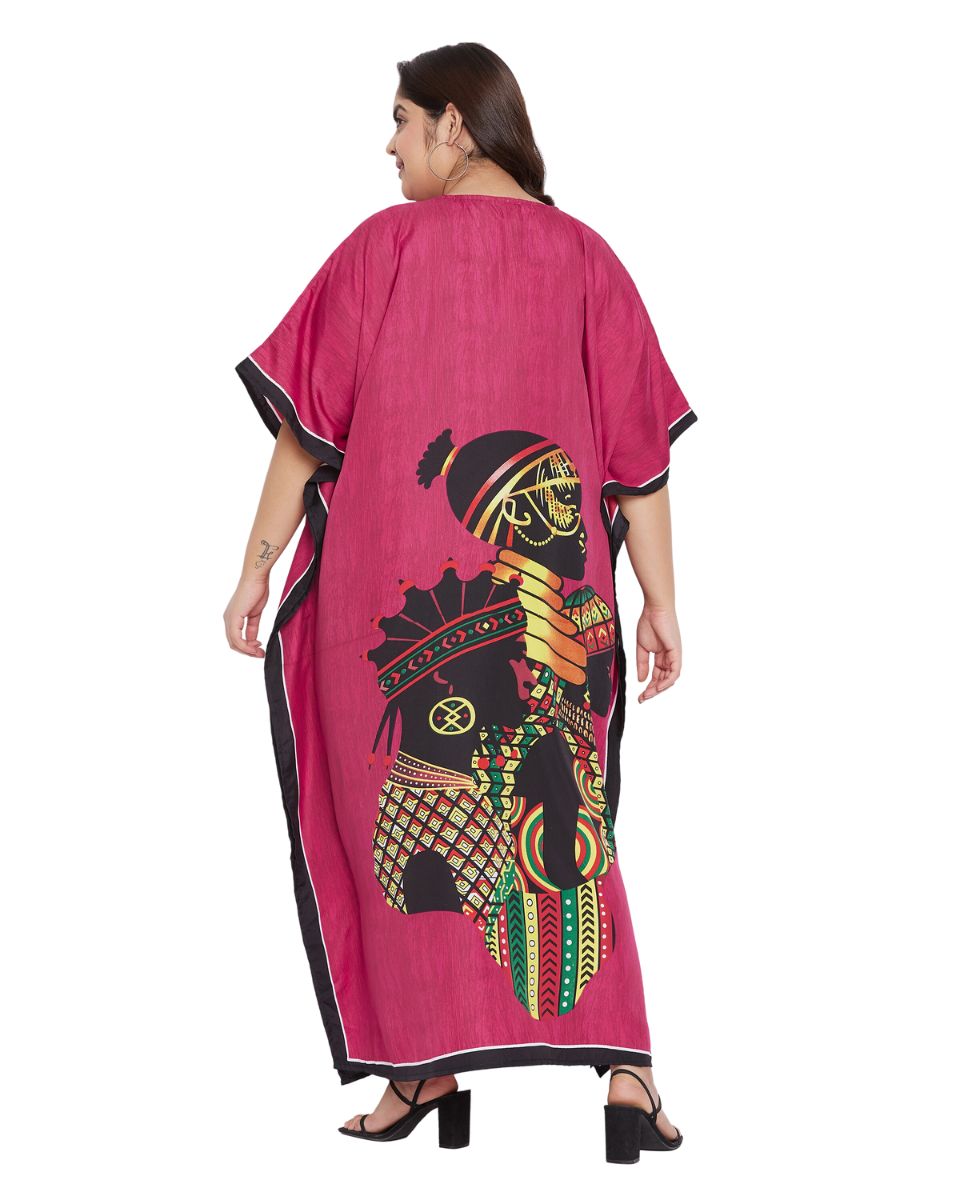 Tribal Printed Pink Polyester Kaftan Dress for Women