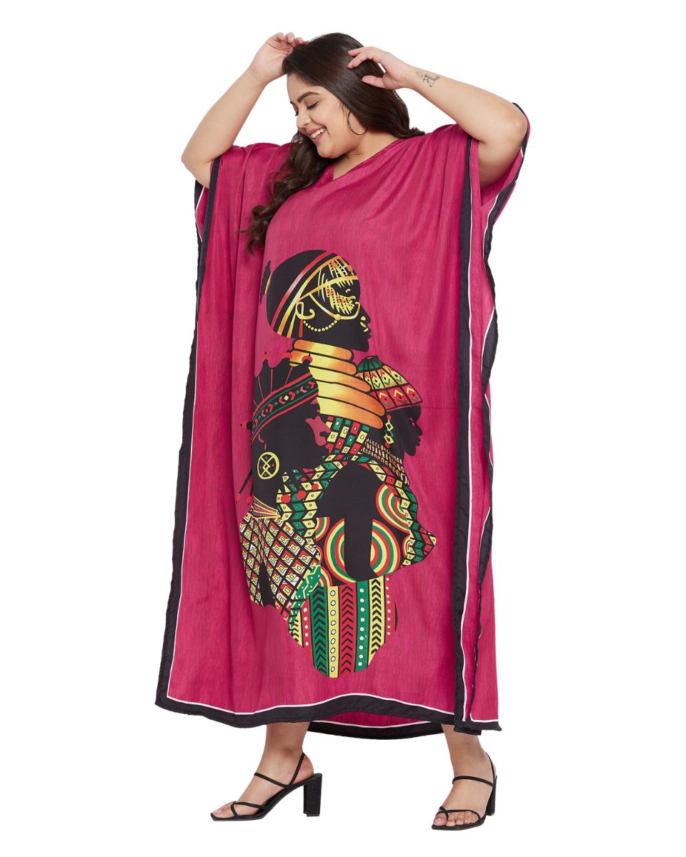 Polyester Tribal Printed Pink Plus Size Kaftan Dress For Women