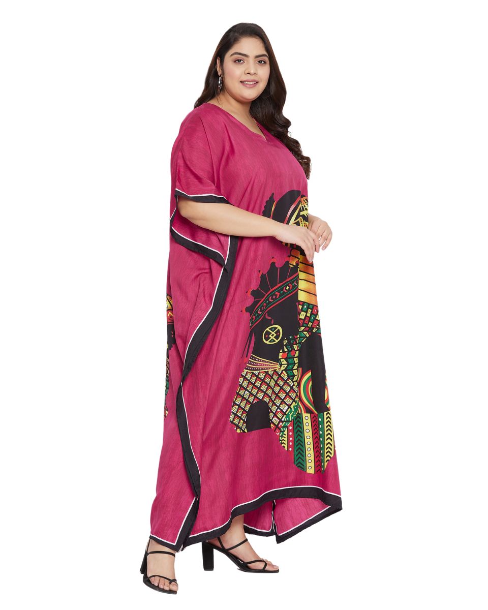 Polyester Tribal Printed Pink Plus Size Kaftan Dress For Women