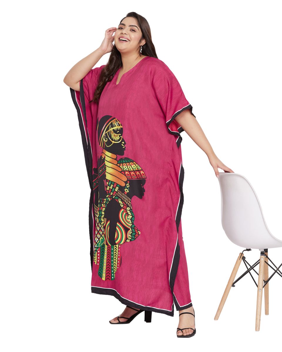 Tribal Printed Pink Polyester Kaftan Dress for Women