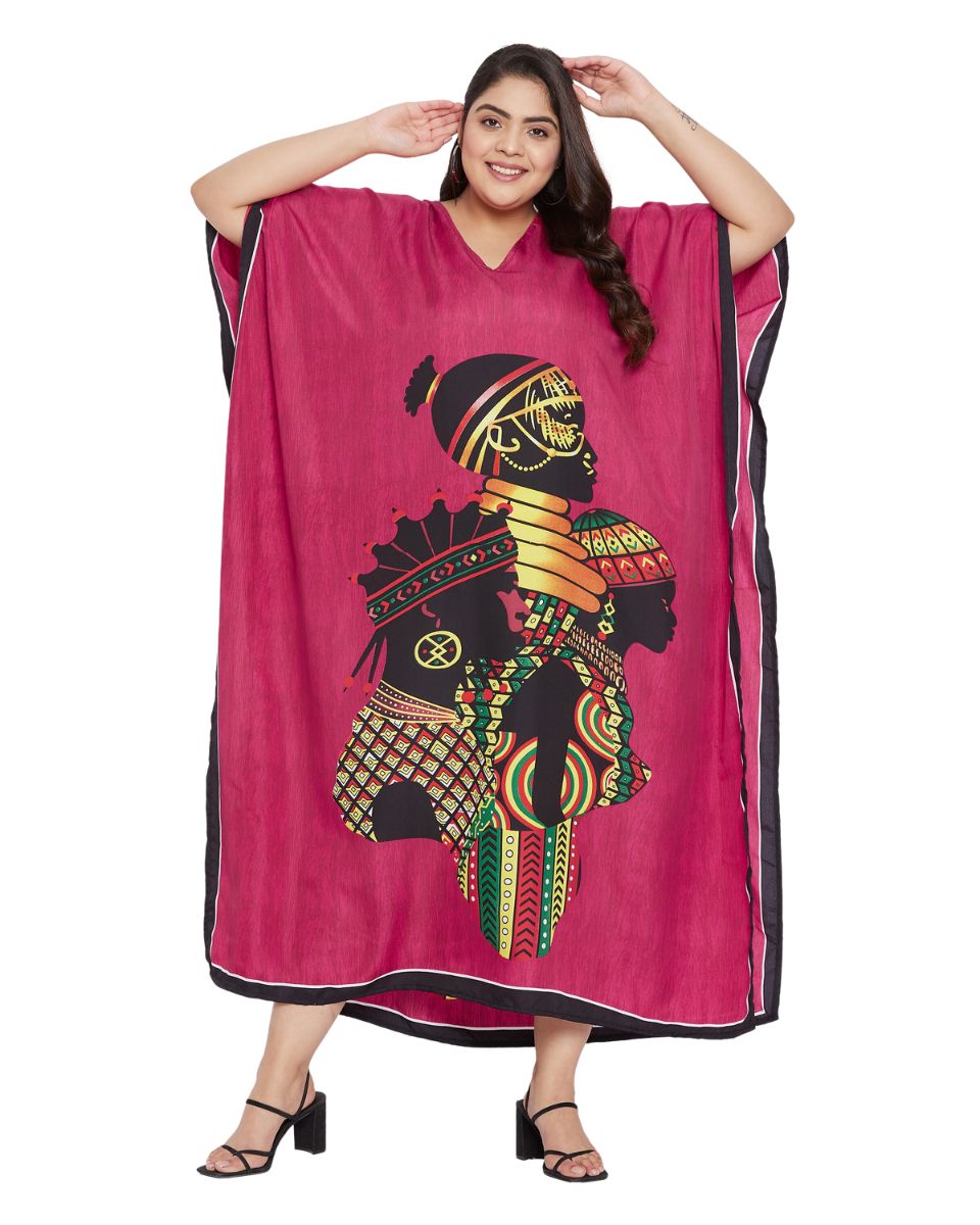 Tribal Printed Pink Polyester Kaftan Dress for Women