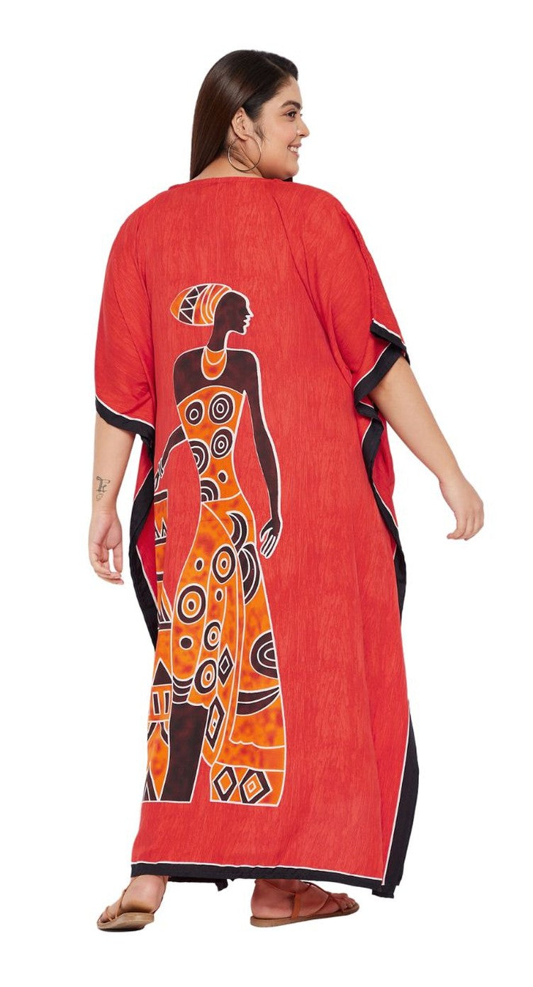 Red polyester plus size kaftan with orange African tribal figure print and black trim — alternate view