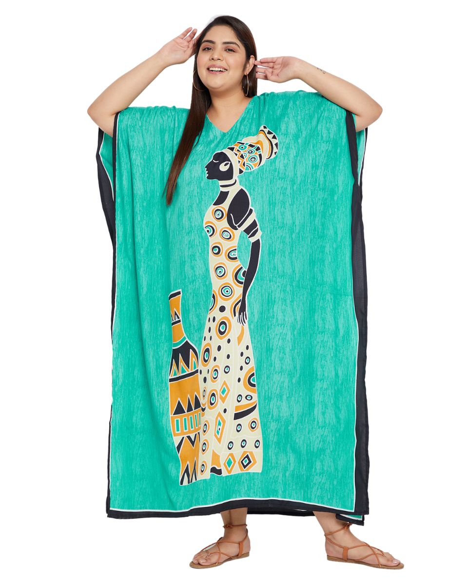 Tribal Printed Mint Polyester Kaftan Dress for Women