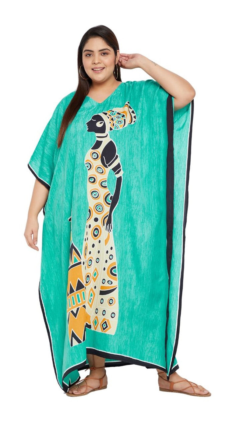Teal polyester plus size kaftan with African tribal figure print and black trim