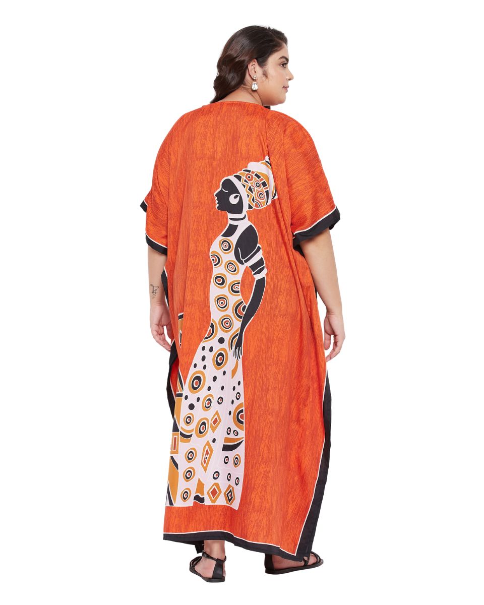 Tribal Printed Orange Polyester Kaftan Dress for Women