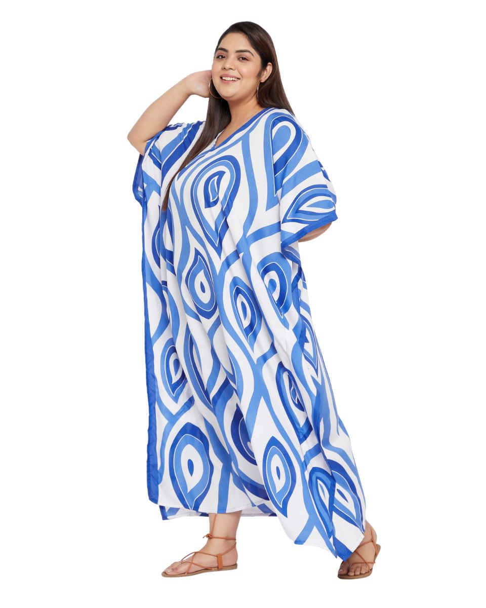 Paisley Printed Blue Polyester Kaftan Dress For Plus Size Women