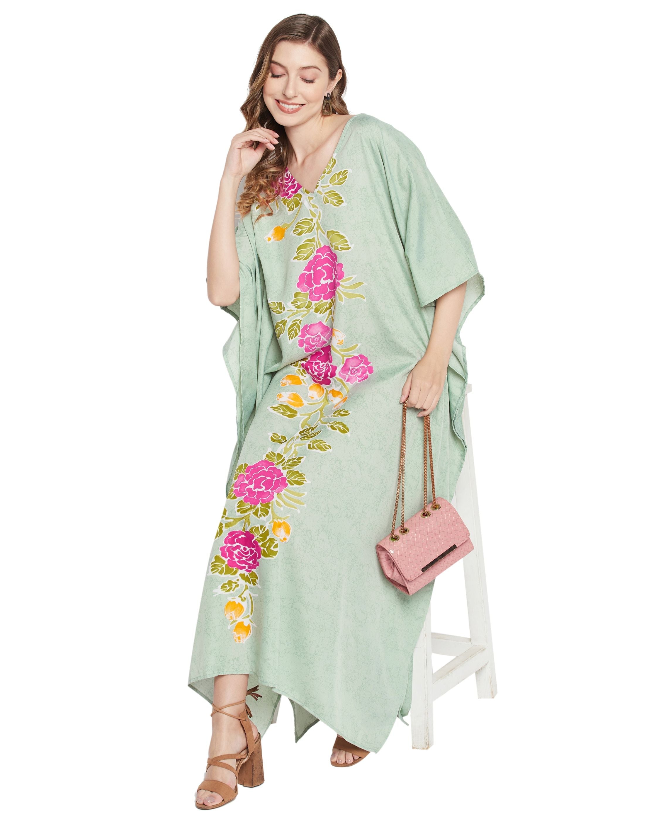 Floral Printed Green Polyester Kaftan Plus Size Dress For Women