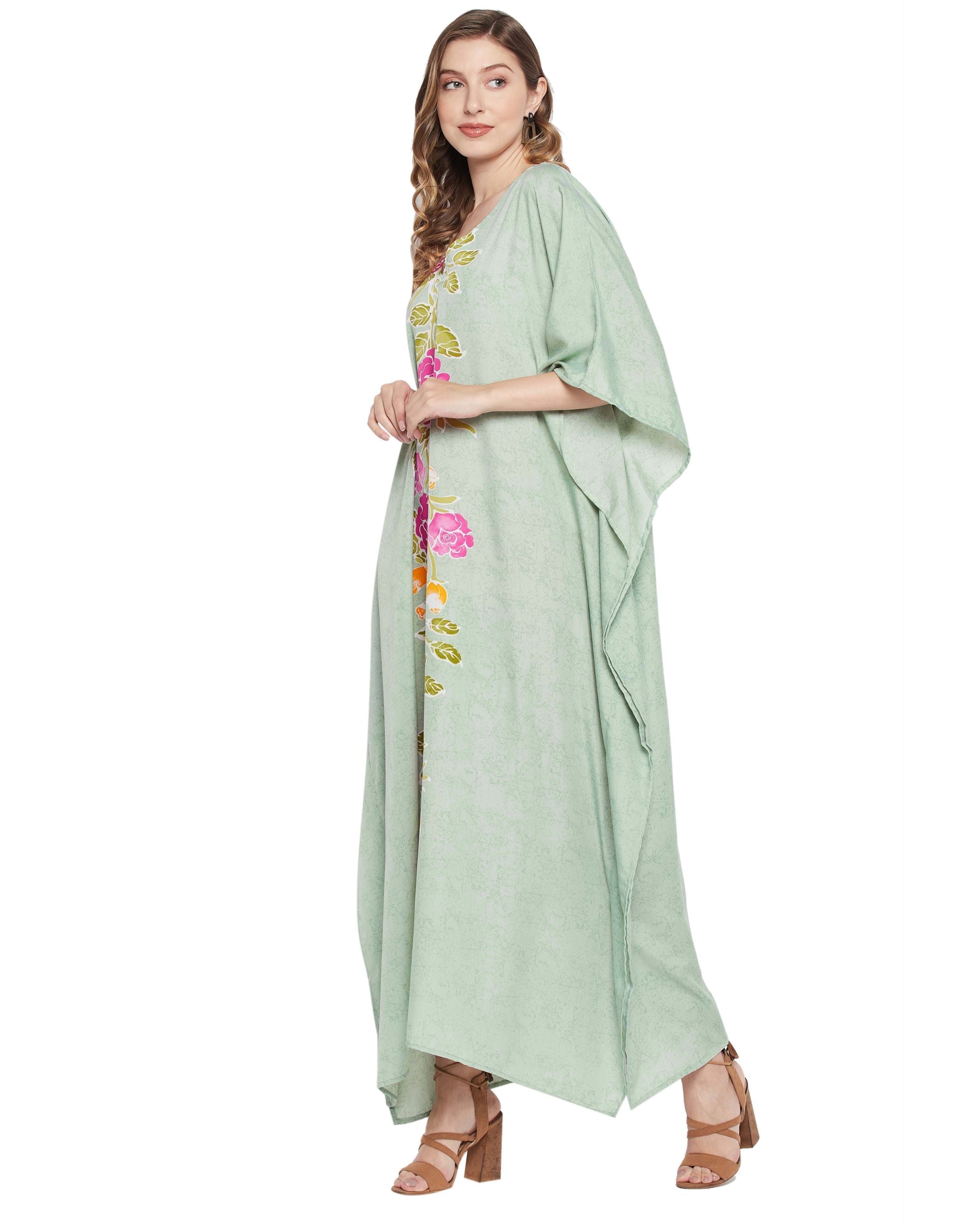 Floral Printed Green Polyester Kaftan Plus Size Dress For Women