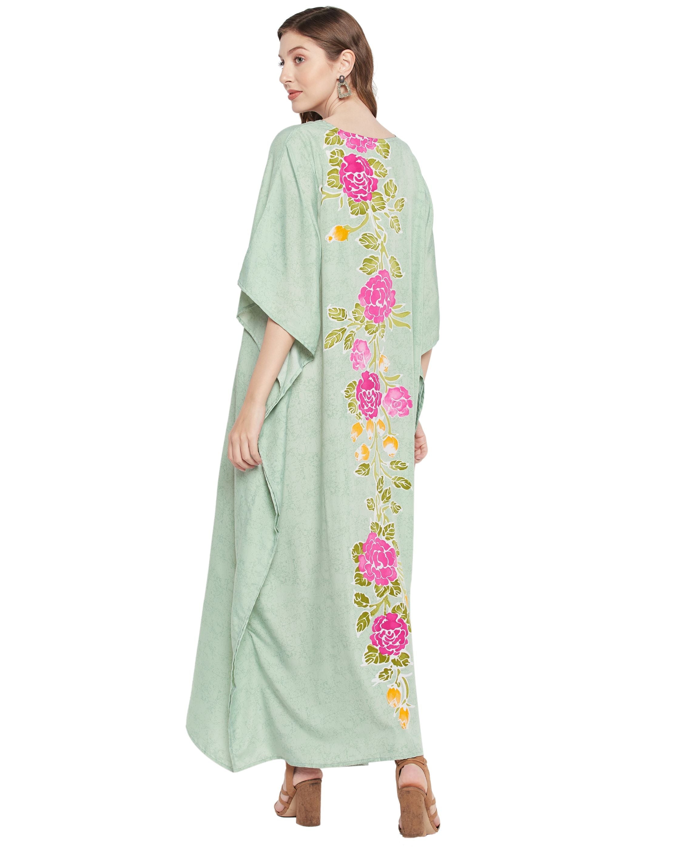 Floral Printed Green Polyester Kaftan Plus Size Dress For Women