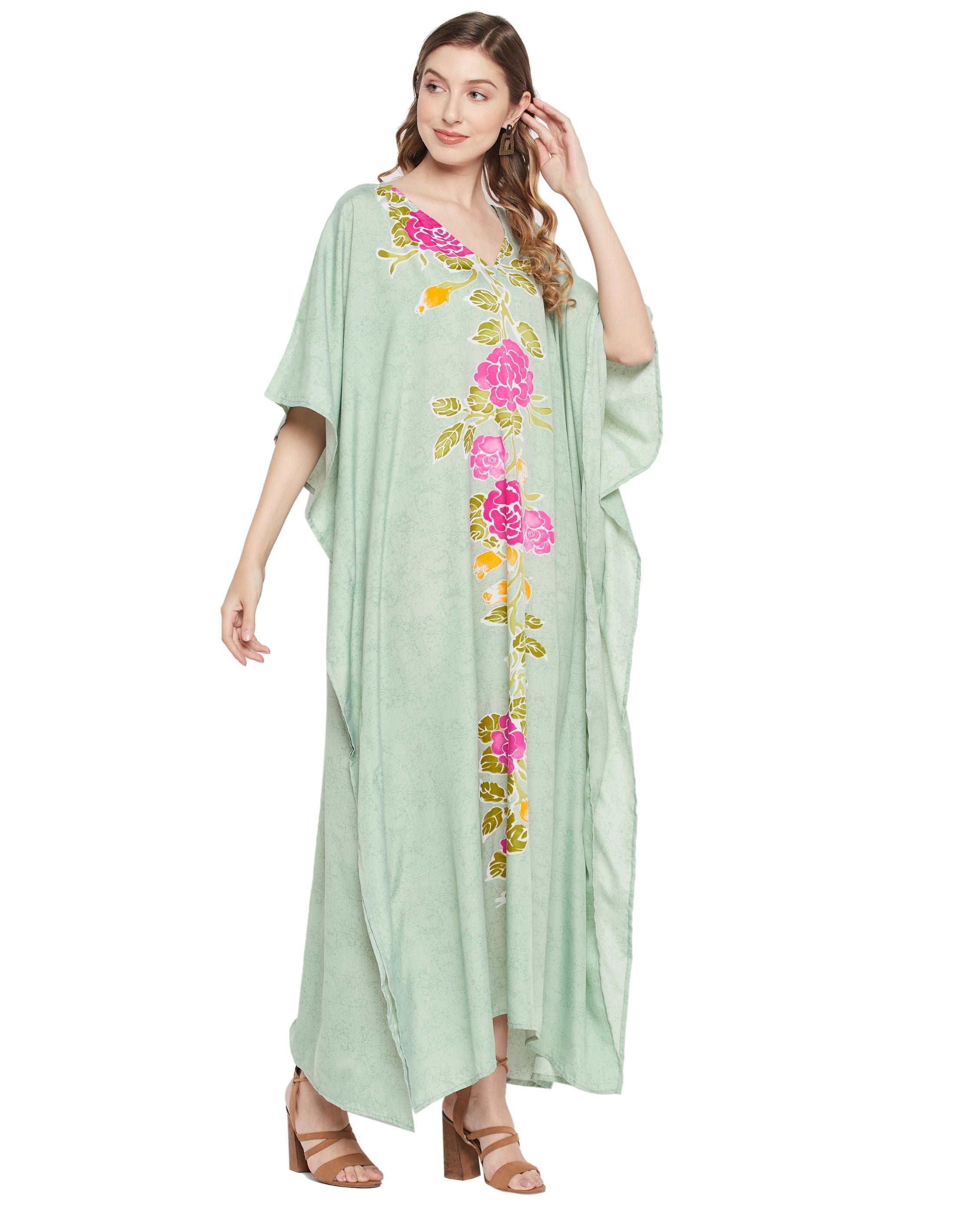 Floral Printed Green Polyester Kaftan Plus Size Dress For Women