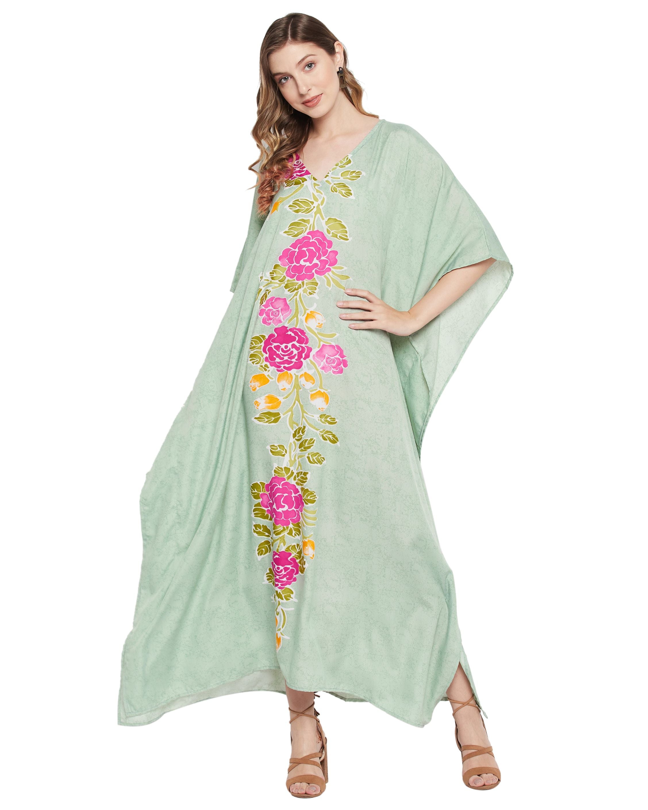 Floral Printed Green Polyester Kaftan Plus Size Dress For Women