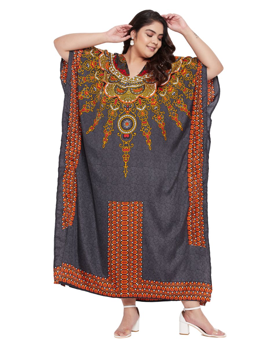 Gray Polyester Kaftan Tribal Printed Plus Size Dress For Women