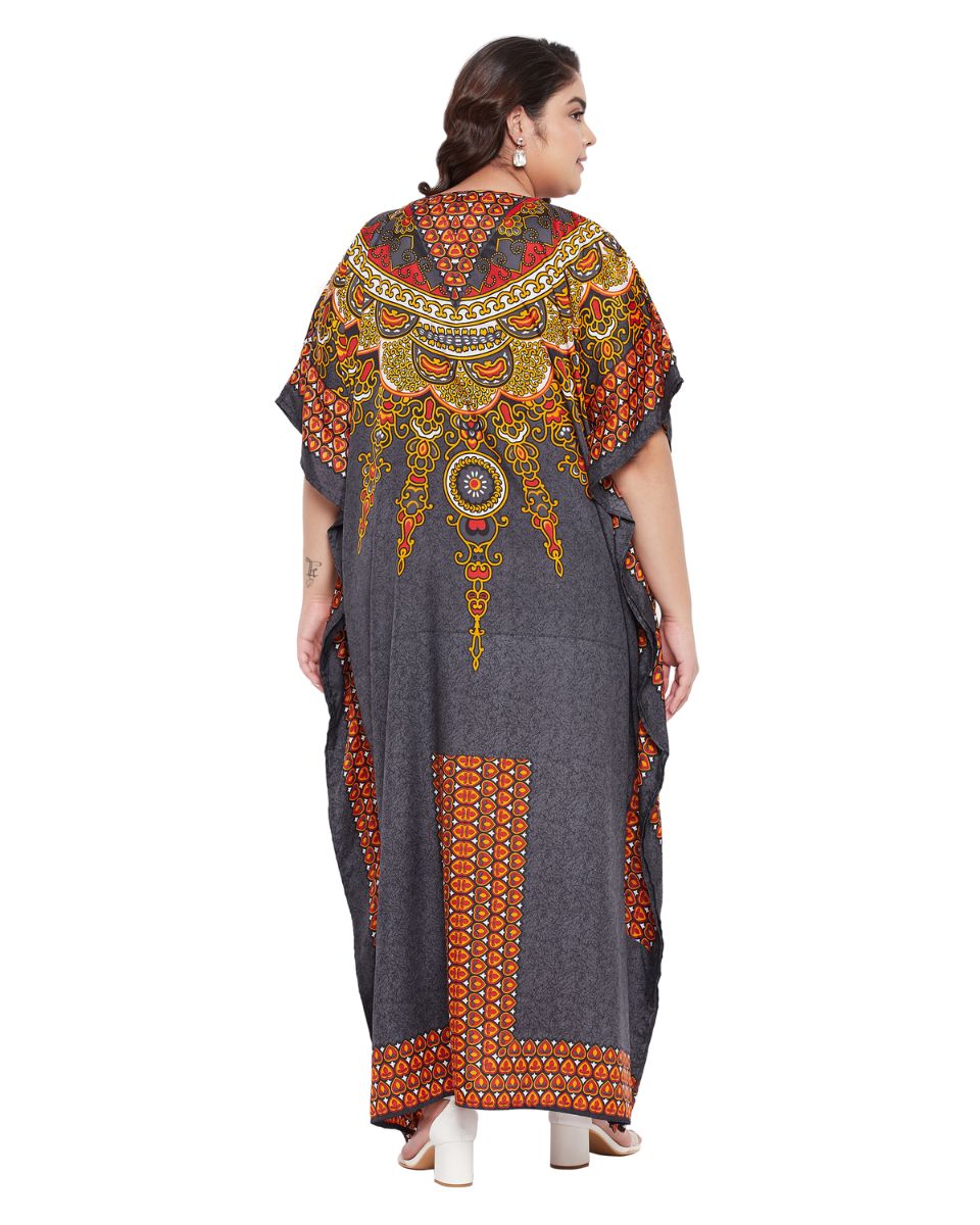 Tribal Printed Gray Polyester Kaftan Dress for Women