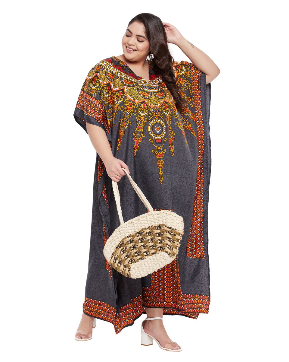 Gray Polyester Kaftan Tribal Printed Plus Size Dress For Women