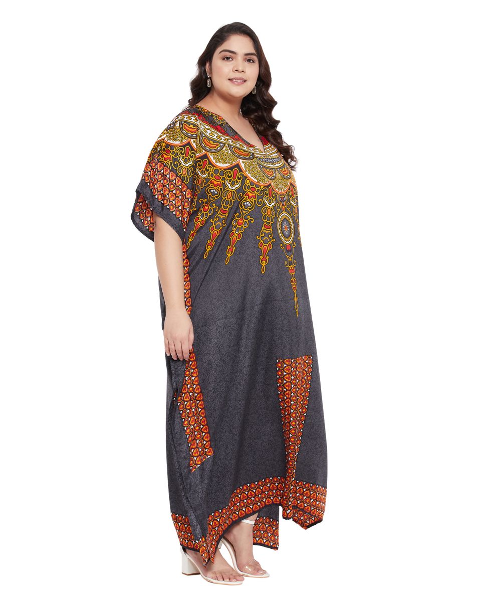 Gray Polyester Kaftan Tribal Printed Plus Size Dress For Women