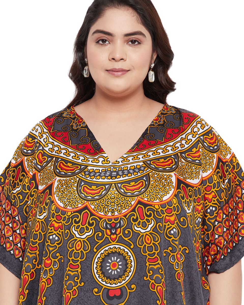 Tribal Printed Gray Polyester Kaftan Dress for Women