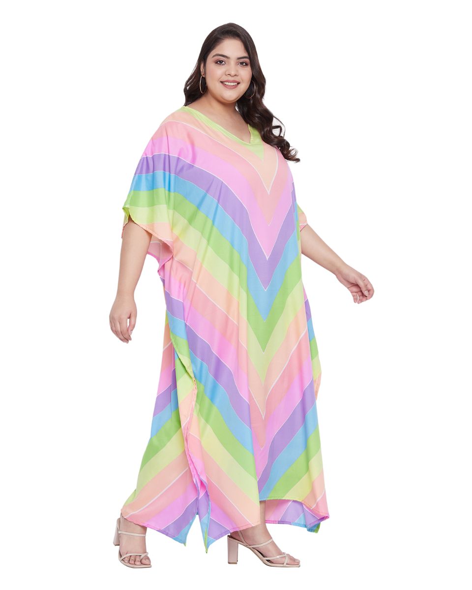 Floral Printed Multicolor Plus Size Polyester Kaftan Dress For Women