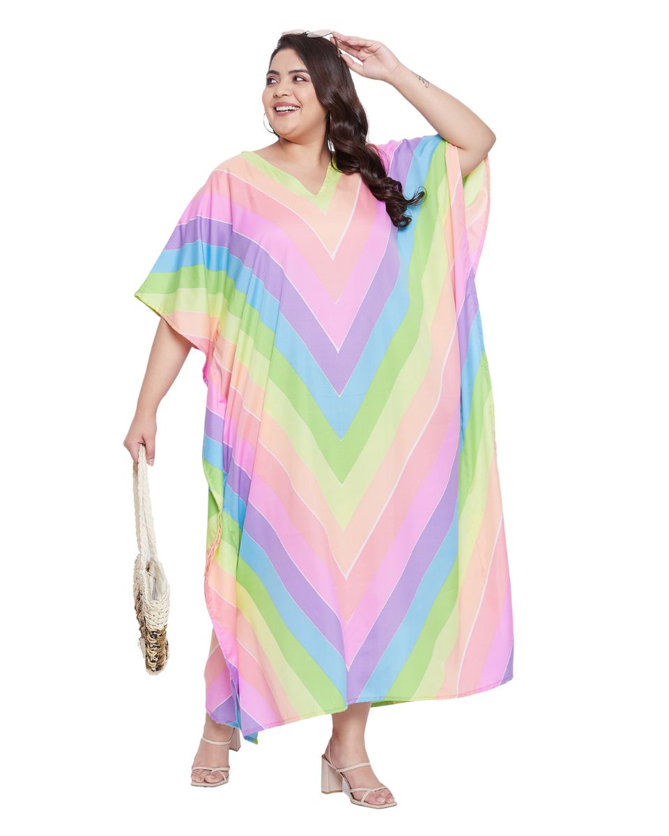 Floral Printed Multicolor Plus Size Polyester Kaftan Dress For Women