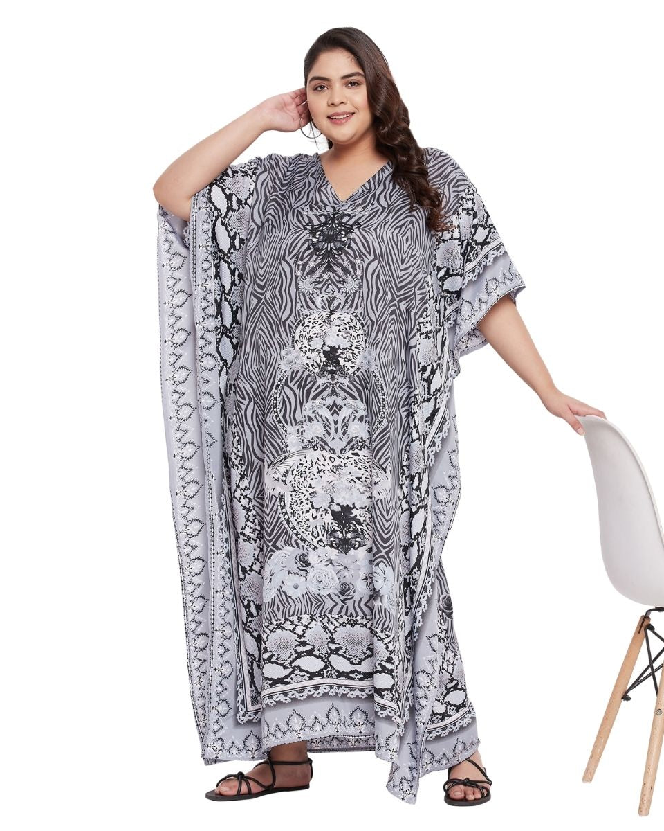 Dress For Plus Size Women Tribal Printed Gray Polyester Kaftan