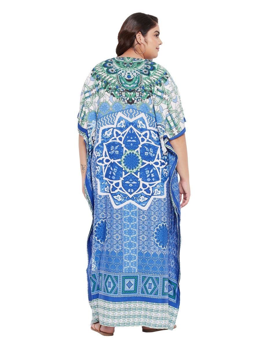 Mandala Printed Sky Blue Polyester Kaftan Dress For Plus Size Women