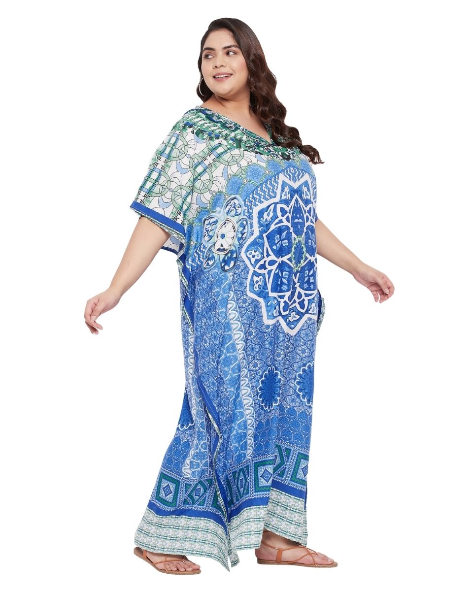 Mandala Printed Sky Blue Polyester Kaftan Dress For Plus Size Women