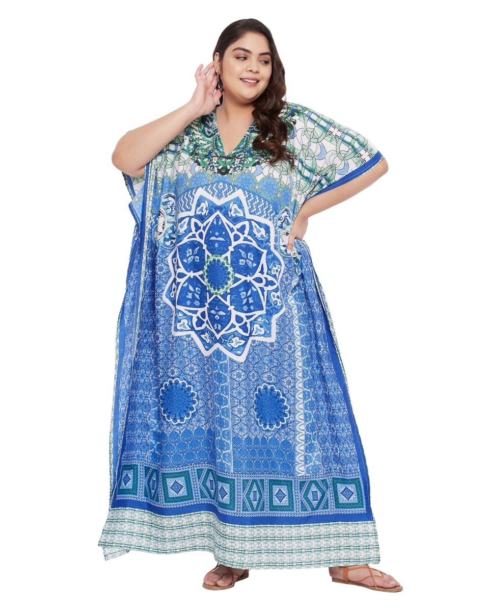 Mandala Printed Sky Blue Polyester Kaftan Dress For Plus Size Women