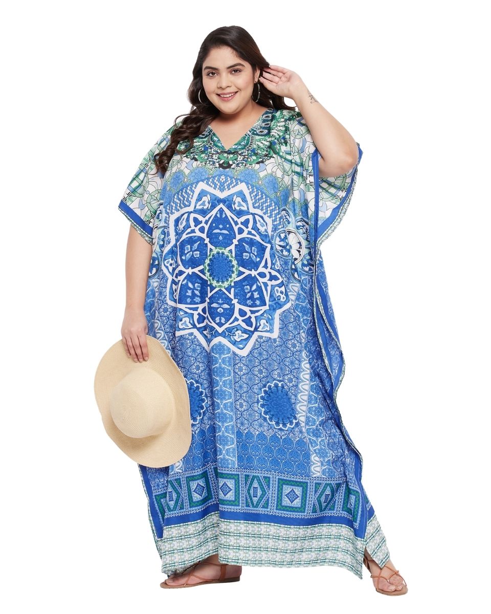 Mandala Printed Sky Blue Polyester Kaftan Dress For Plus Size Women