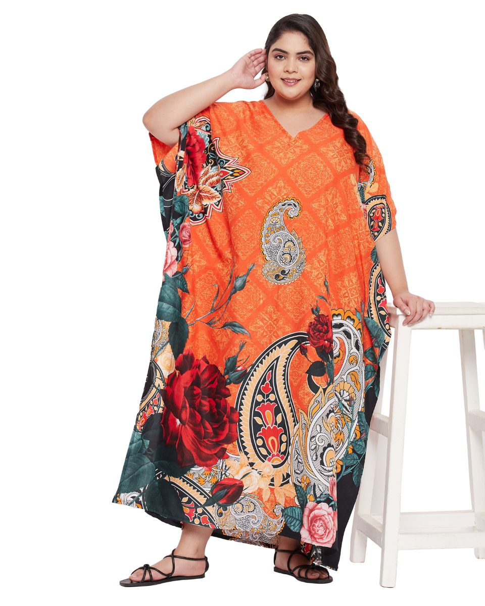 Floral Printed Orange Polyester Plus Size Kaftan Dress For Women