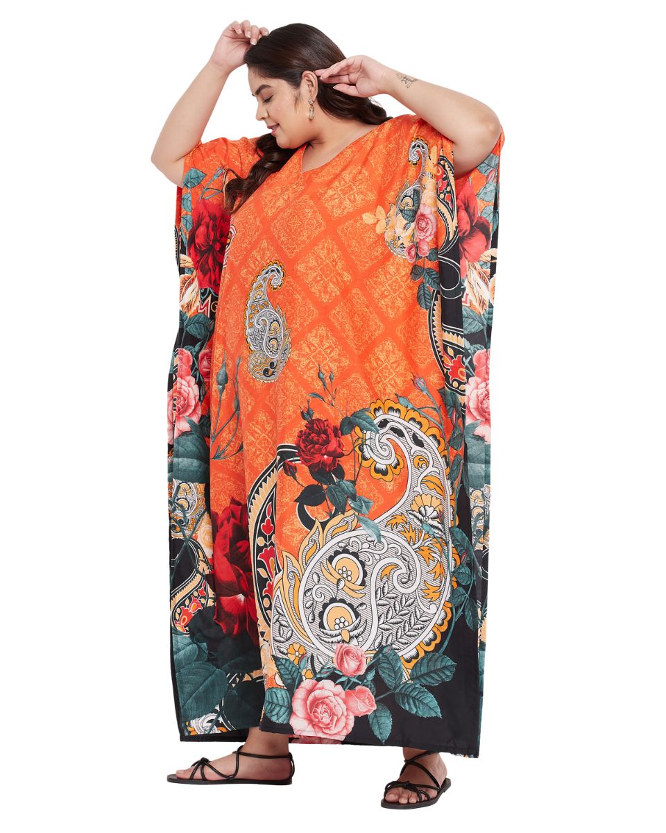 Floral Printed Orange Polyester Kaftan Dress for Women