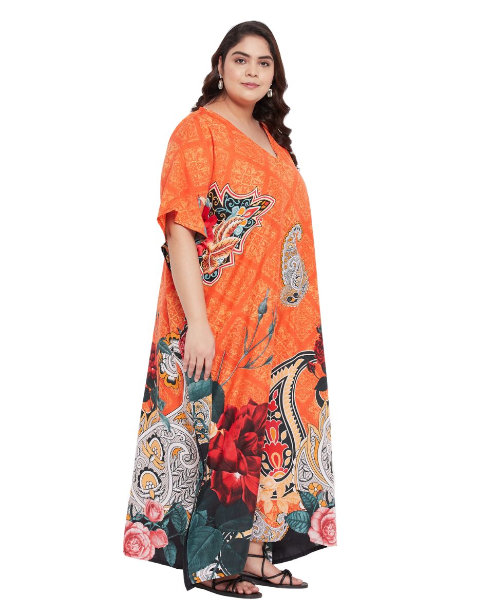 Floral Printed Orange Polyester Plus Size Kaftan Dress For Women