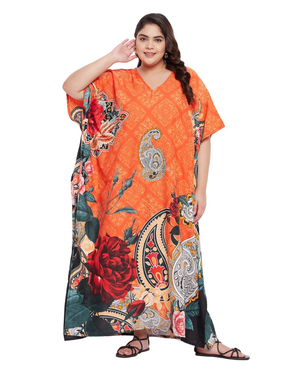 Floral Printed Orange Polyester Kaftan Dress for Women